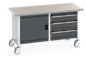 Bott Cubio Mobile Storage Workbench 1500mm wide x 750mm Deep x 840mm high supplied with a Linoleum worktop (particle board core with grey linoleum surface and plastic edgebanding), 3 x drawers (2 x 150mm & 1 x 200mm high) and 1 x 500mm high... 1500mm Wide Storage Benches